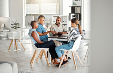 Business people, meeting and diversity in office with digital media management team and chat. Teamwork, conversation and online campaign launch and planning at desk with collaboration at startup