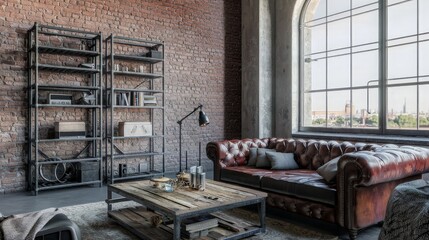 Industrial style living room with exposed brick wall, large window, leather sofa, and wooden coffee table.