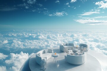 A sky-high cafe nestled in the clouds with sleek furniture, minimalist design, and expansive views of the clear blue sky and horizon
