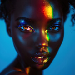 Closeup portrait of black girl face in rainbow light stripe