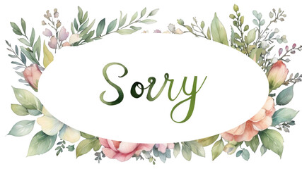 Watercolor decorative illustration, heartfelt apology message on a white card nestled among a beautiful flowers.