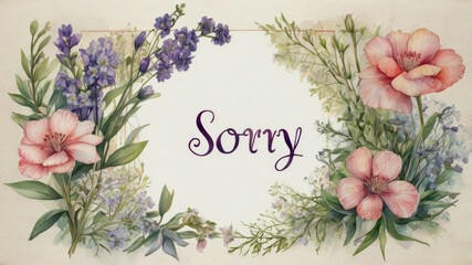 Watercolor decorative illustration, heartfelt apology message on a white card nestled among a beautiful flowers.