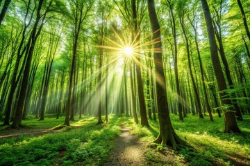 Obraz premium Intense sunlight streaming through the lush green forest