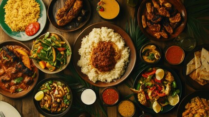 Top view of African food and drinks arranged with ample room for copy © ALIS ST