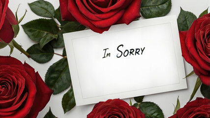 A heartfelt apology message on a white card nestled among a bouquet of vibrant red roses. Perfect for expressing regret, love, and reconciliation in a romantic or emotional setting.