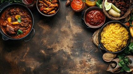 Top view of African food and drinks arranged with ample room for copy