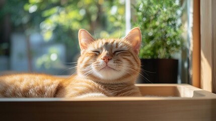Obraz premium A joyful ginger cat lounging in sunlight, relaxing peacefully in a warm wooden space surrounded by greenery.