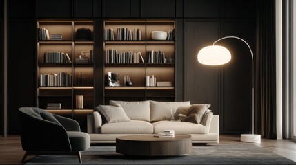 Modern living room with a dark color scheme, featuring a comfortable couch, an armchair, a coffee table, and a bookshelf with warm lighting.