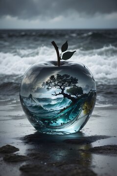 stormy sea and a glass apple