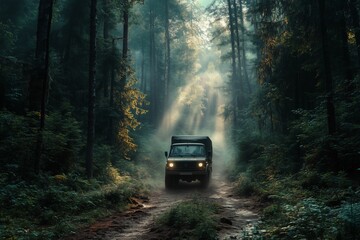 A traveling truck driving through a dense forest trail, surrounded by towering trees and misty light filtering through the foliage