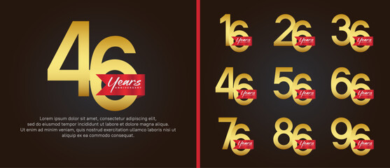 anniversary logotype set. vector design gold color with red ribbon can be use for celebration event