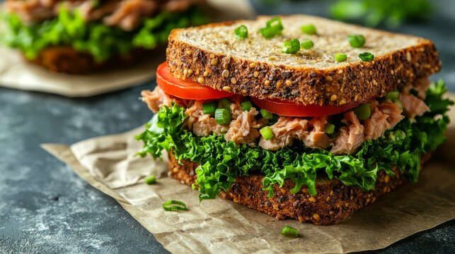 Un sándwich de pan integral relleno de atún, hojas de lechuga fresca y rodajas de tomate, servido sobre papel marrón en un ambiente rústico.

