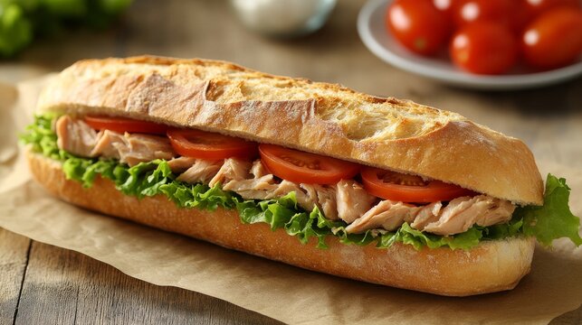 Un bocadillo de baguette dorada con relleno de at&uacute;n, rodajas de tomate y lechuga fresca, servido sobre papel marr&oacute;n.

