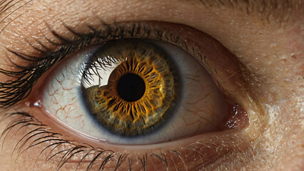 extreme close-up of human eye, focusing on the iris pattern with detailed reflections of surrounding light sources