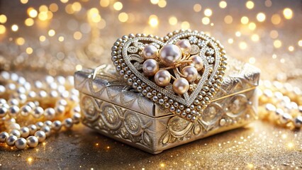 Intricately designed gift box with heart emblem, sequins, pearls, reflection