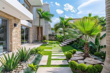 Fototapeta premium Modern Small Garden with Palm Trees, Lawn, and Stone Path Leading to Light Beige House with White Windows