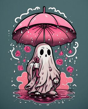 Tattoo drawing of a ghost holding pink umbrella in a rainstorm