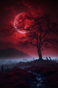A mysterious, fog-shrouded landscape illuminated by a deep red blood moon
