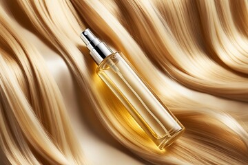 Naklejka premium A sleek hairspray bottle mockup displayed against a backdrop of cascading golden hair, perfect for showcasing hair care products in a luxurious setting