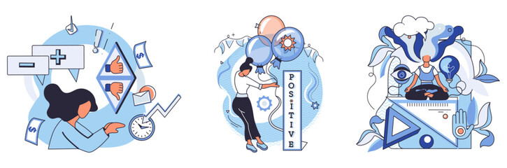 Mindset. A person choosing between negative and positive thoughts. An individual arranging blocks of positivity. A person meditating for clarity and focus. Ideal for positivity, decision-making