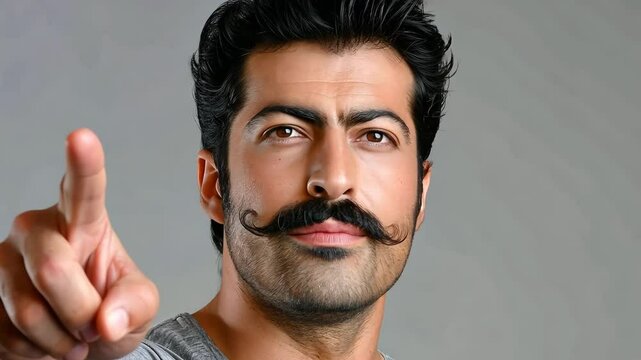Portrait of a Man with Mustache Pointing Forward Confidently on Gray Background, Featuring Casual Attire and Intense Expression, Studio Photography