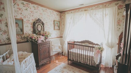 A vintage-inspired nursery with a crib, a rocking chair, and a changing table, featuring floral wallpaper and lace curtains.