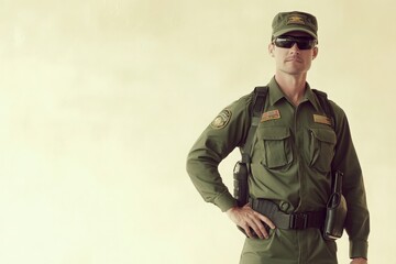A border control officer poses in full uniform, showcasing a disciplined appearance with sunglasses. The clear background emphasizes the officers readiness for duty in a secure environment.
