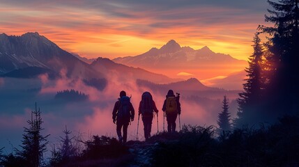 Friends hiking together at dusk, surrounded by majestic scenery and fog. The image captures teamwork, trust, and the pursuit of success, highlighting their journey, confidence, and dedication. High