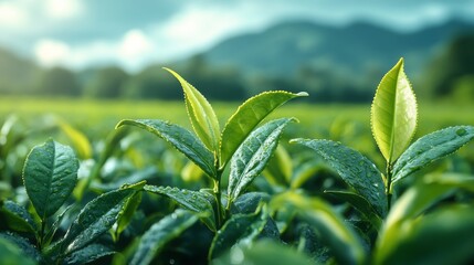 Obraz premium Brotes de té frescos emergiendo entre plantas verdes en un paisaje montañoso bajo la suave luz del sol. 