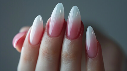 Hand with long artificial manicured nails with ombre gradient design in pink and white colors