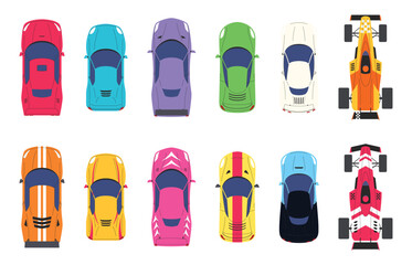 A set of sports and racing cars top view. Modern racing cars for speed competitions. Vector illustration