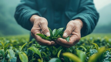 Primer plano de manos sosteniendo cuidadosamente hojas frescas de t&eacute;, listas para ser cosechadas en una plantaci&oacute;n.
