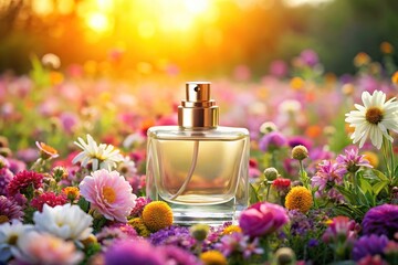 fragrance bottle with perfume in flower field silhouette