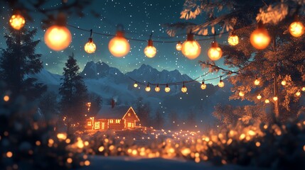 Fototapeta premium Cozy winter scene with glowing lights and a cabin in the woods.