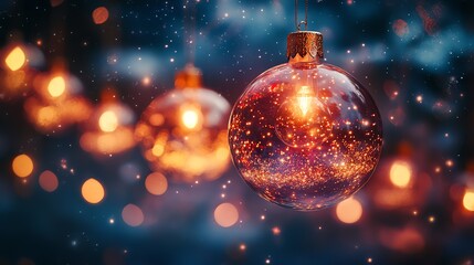 Festive ornaments against a blurred background with bokeh lights.