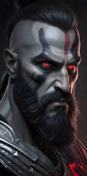 Man, 45 years old, tanned skin, black hair and beard, red eyes, black army clothes and resemblance to the god of war Ares
