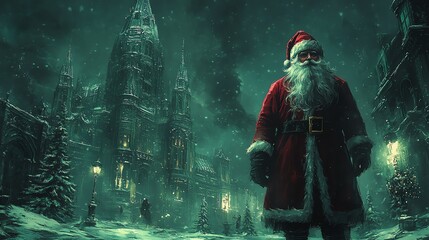 Fototapeta premium Santa Claus standing in a snowy, festive winter landscape.