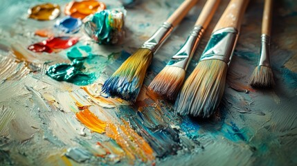 Obraz premium Paintbrushes and colorful oil paints on an artist's palette.