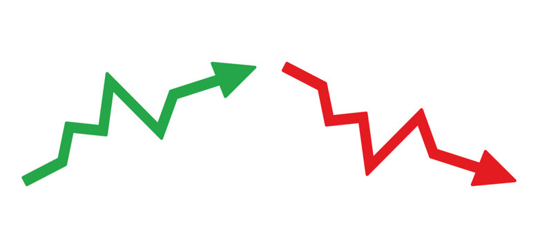 Graph going Up and Down sign with green and red arrows vector. Flat design vector illustration concept of sales bar chart symbol icon with arrow moving down and sales bar chart with arrow moving up.