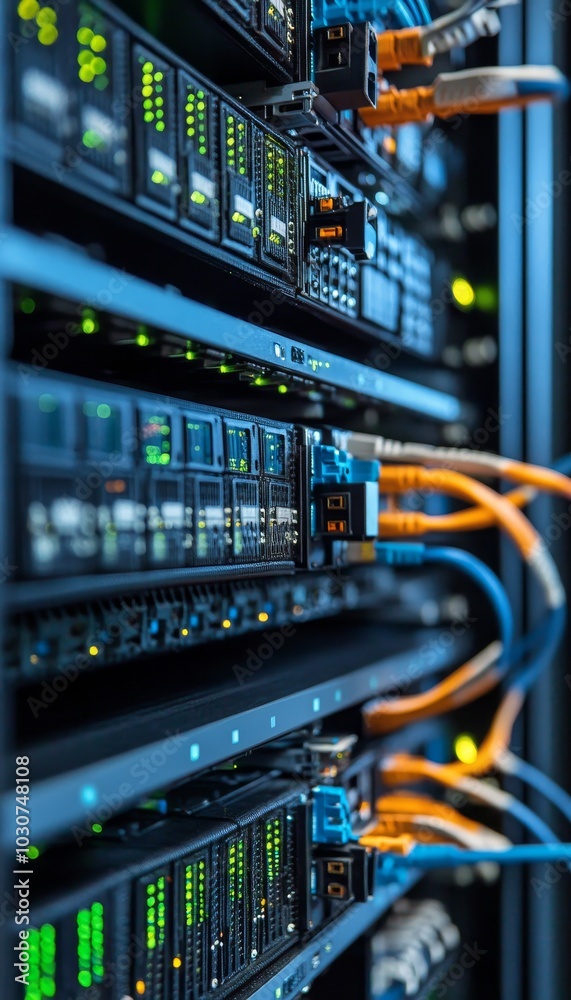 Poster abstract blurred technology close up of server rack networking connections in modern data center