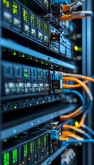 Naklejka premium Abstract Blurred Technology Close Up Of Server Rack Networking Connections In Modern Data Center