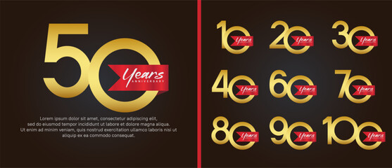 anniversary logotype set. vector design gold color with red ribbon can be use for celebration event