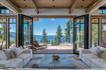 Open Balcony Door to Deck with Lake Tahoe View, Modern Cabin Interior with Wood Beams and Natural Light