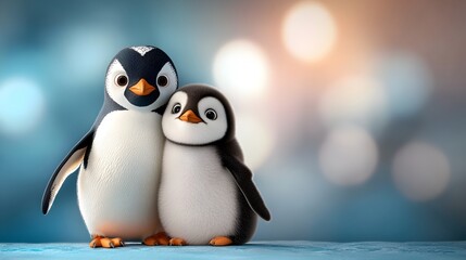 Obraz premium A pair of penguins huddled together on an icy cliff with a pastel pink sky creating a serene and dreamlike landscape in the background
