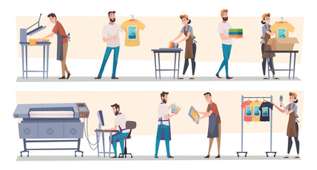 Obraz premium Print house. Silk screen typography processes with professional tools squeegee and mesh stencil frame exact vector cartoon template set