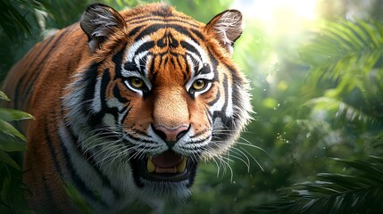Fototapeta premium Majestic Tiger Prowling Through the Lush Jungle Its Striped Fur Glowing in the Dappled Sunlight of the Dense Foliage A Powerful Captivating Predator Stalking Its Prey in the Wild Untamed Habitat