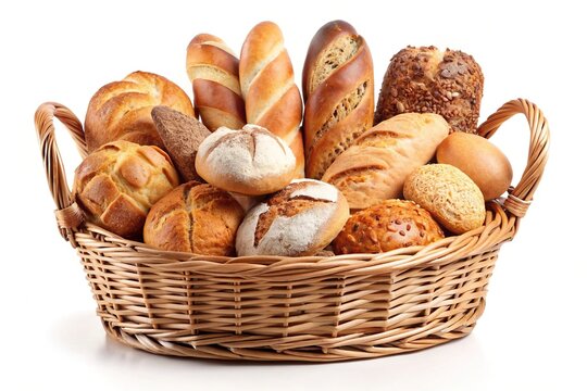 Isolated basket filled with various types of bread