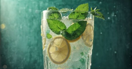 Hyperrealistic photo of a glass of ice-cold lemonade with mint leaves