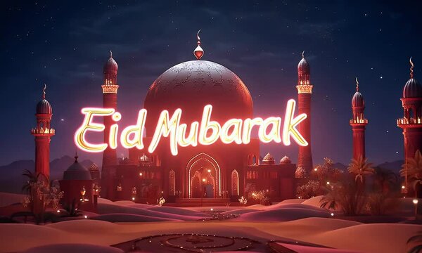 Eid Mubarak concept with 3D text "Eid Mubarak" with arabic style. 
