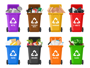 Recycling Bins. Containers for different types of garbage. Containers of different colors.